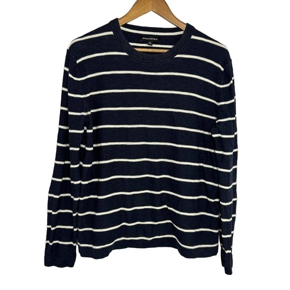 Banana Republic Men Striped Sweater Size Medium Blue Crew Neck Casual Pullover - Picture 1 of 16